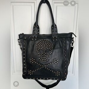 AmeriLeather Qmetal leather Studded Black Skull crossbones Tote Bag ☠️
